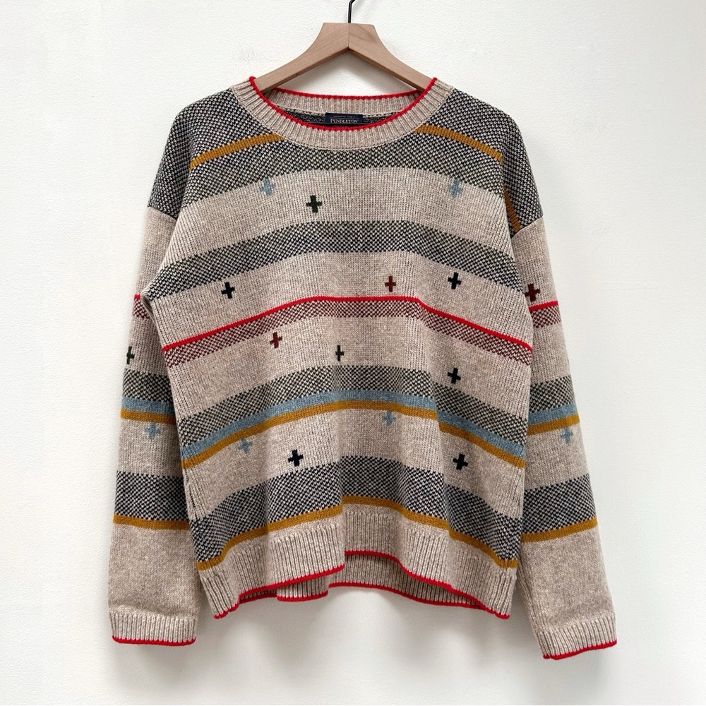 Pendleton Bridger Stripes Lambswool Crewneck Pullover Colorful Knit Sweater sz L - Picture 2 of 13